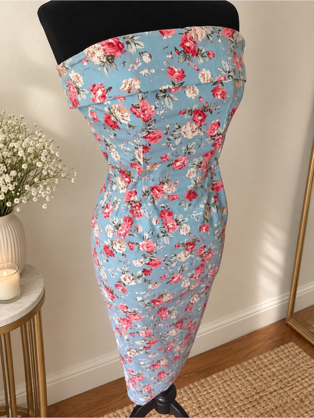 MABLE Blue Floral Strapless Bodycon Midi Dress Size Small